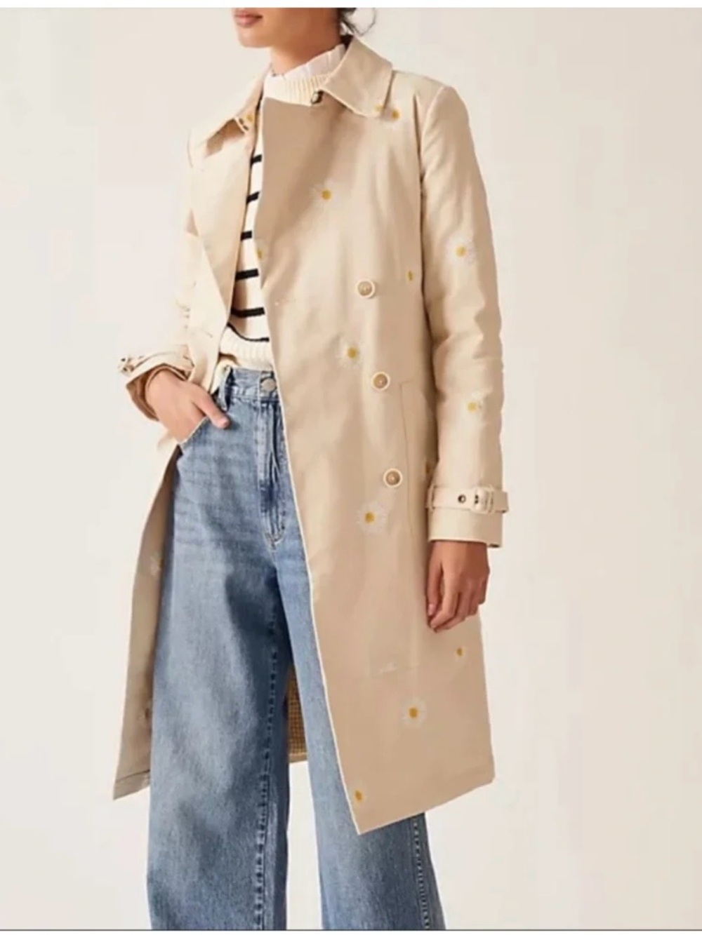 Anthropologie Beige Trench Coat with Yellow Daisy Print